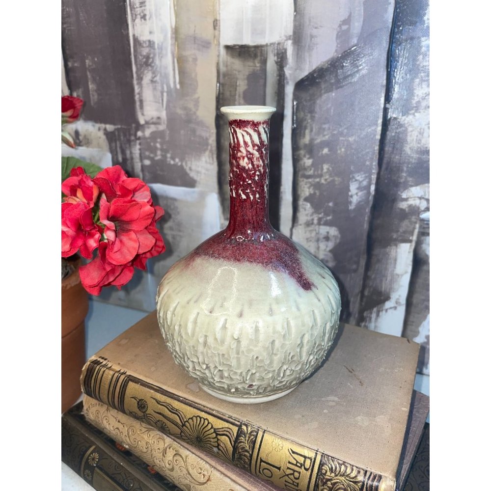 Studio Art Pottery Ceramic Bud Vase Drip Glaze Brutalist Design Signed